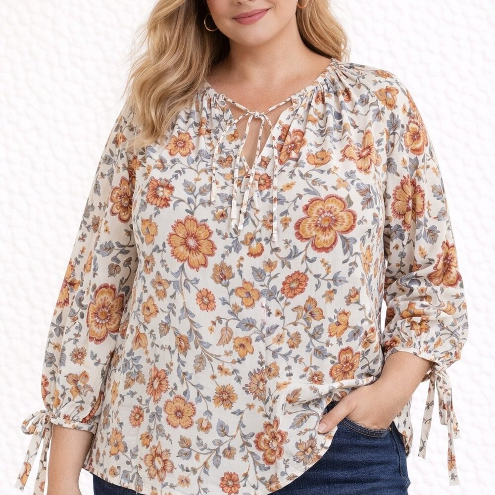 LR4205 Nicole Miller Boho Floral Peasant Blouse Women’s Size XL Long Sleeve Tie